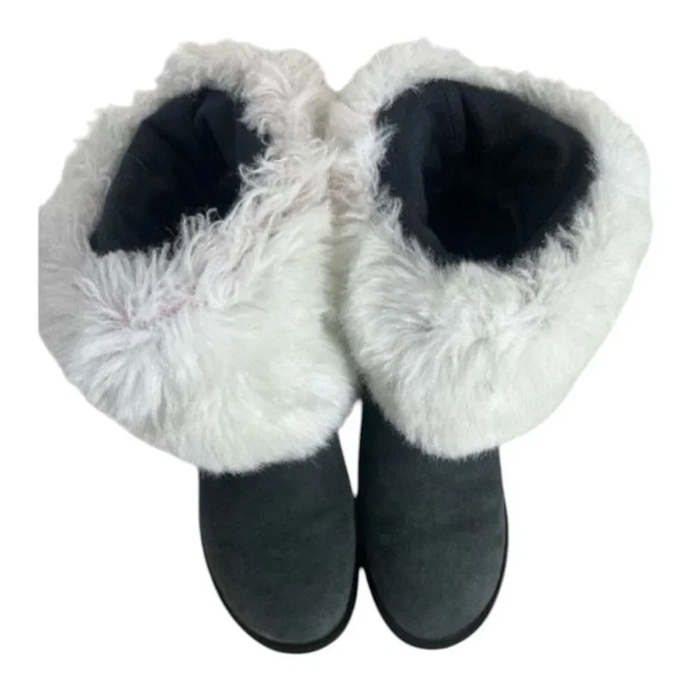 UGG Classic Short Grey Leather Fur Cuff Boots Women Size M9 Sheepskin